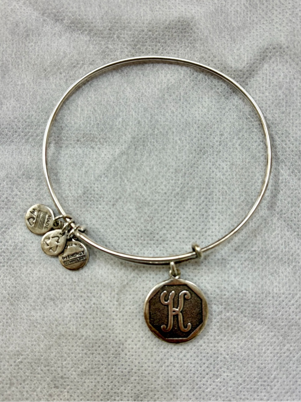 Alex and Ani sterling silver bangle positive energy bracelet with “K” initial